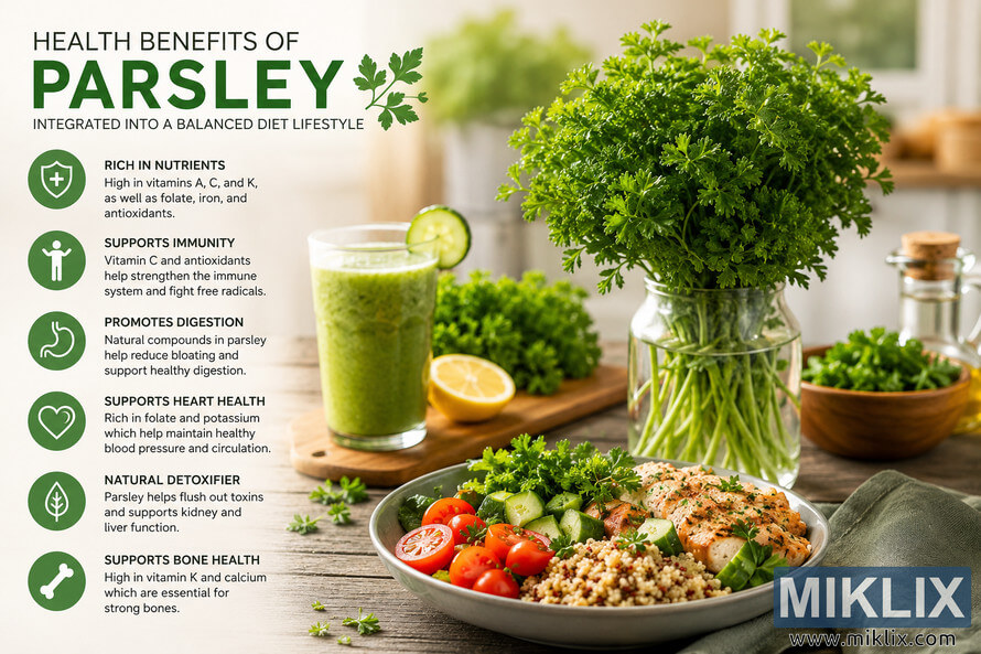Landscape health infographic showing fresh parsley in a glass jar beside a healthy meal with salmon, quinoa, cucumbers, tomatoes, and a green smoothie in a bright kitchen. The left side lists parsley health benefits including immune support, digestion, heart health, detoxification, and bone health with green wellness icons. Landscape health infographic showing fresh parsley in a glass jar beside a healthy meal with salmon, quinoa, cucumbers, tomatoes, and a green smoothie in a bright kitchen. The left side lists parsley health benefits including immune support, digestion, heart health, detoxification, and bone health with green wellness icons.