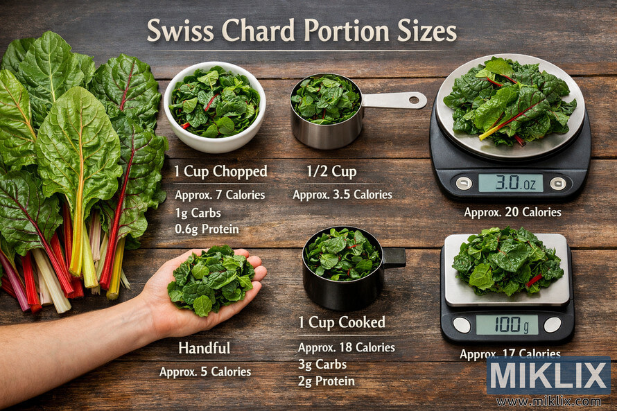 A detailed photograph showing Swiss chard leaves arranged beside measuring tools that display various portion sizes and nutritional information on a rustic wooden surface.