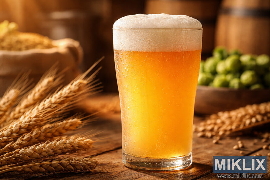 Close-up of a hazy golden-orange wheat beer with a frothy white head, illuminated by warm sunlight, with wheat spikes in the foreground and blurred barrels and hops in a rustic brewery background. Close-up of a hazy golden-orange wheat beer with a frothy white head, illuminated by warm sunlight, with wheat spikes in the foreground and blurred barrels and hops in a rustic brewery background.
