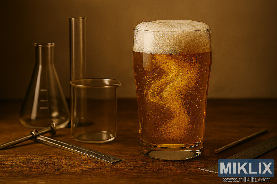 Gyllene tysk lagerÃ¶l med skum omgivet av laboratorieglas och mÃ¤tinstrument pÃ¥ ett trÃ¤bord