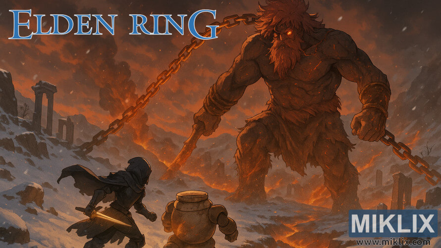 Anime-style scene of a warrior in Black Knife Armor and Alexander the Warrior Jar confronting the towering Fire Giant in a snowy battlefield.