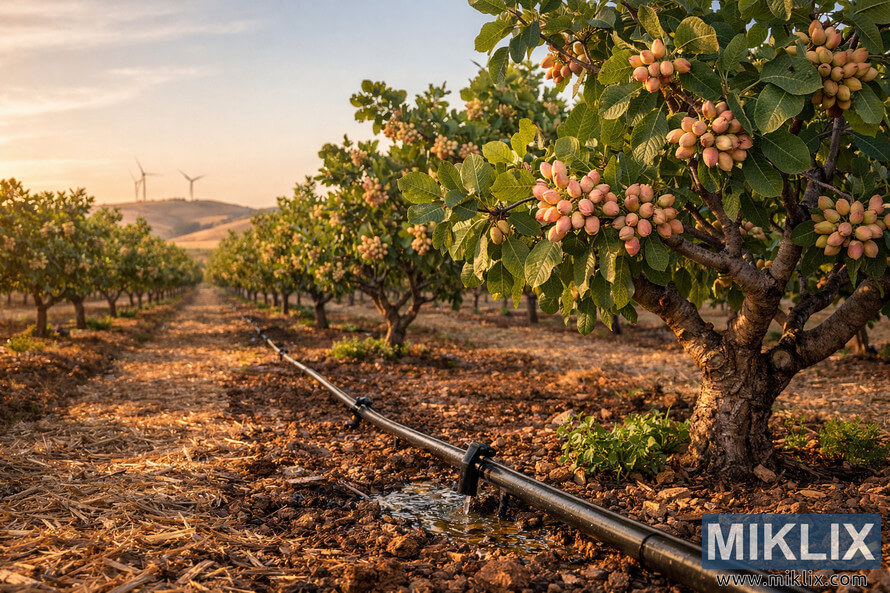A sustainable pistachio orchard with rows of green trees and a drip irrigation system under warm sunlight. A sustainable pistachio orchard with rows of green trees and a drip irrigation system under warm sunlight.
