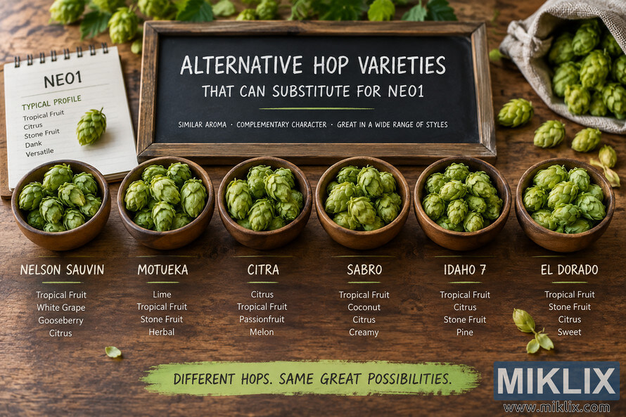 Rustic landscape infographic showing six hop varieties as alternatives to Neo1, with bowls of green hop cones and aroma descriptors including tropical fruit, citrus, stone fruit, lime, passionfruit, coconut, pine, and herbal notes.