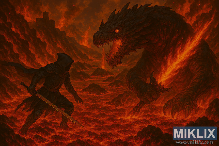 Salon fan na wasan anime da ke nuna Tarnished in Black Knife sulke yana yaÆar Magma Wyrm yana riÆe da takobi mai harshen wuta a cikin shimfidar Æasa mai cike da aman wuta daga madaidaicin hangen nesa na isometric.