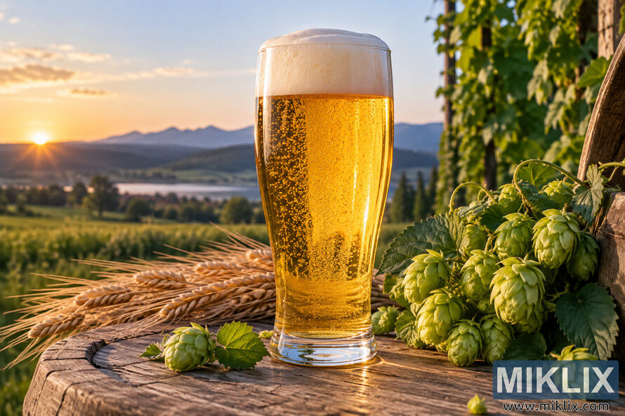 Traditional unbranded pilsner glass filled with sparkling golden beer and a creamy white head, surrounded by fresh green hops and ripe grain on weathered wood, with fields, mountains, and a warm sunset in the background. Traditional unbranded pilsner glass filled with sparkling golden beer and a creamy white head, surrounded by fresh green hops and ripe grain on weathered wood, with fields, mountains, and a warm sunset in the background.