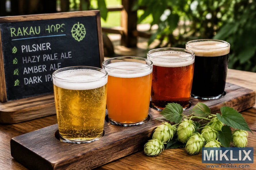 A landscape photograph showing a tasting flight of four different beer styles brewed with Rakau hops. The beers range from pale golden to deep black and are served in clear glasses on a rustic wooden paddle. Fresh green hop cones rest in the foreground, while a chalkboard sign lists beer styles including Pilsner, Hazy Pale Ale, Amber Ale, and Dark IPA. The scene is set on a wooden table with warm natural lighting and blurred greenery in the background.