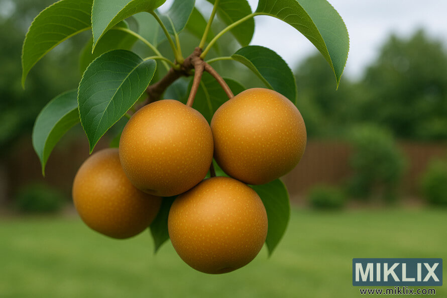 Close-up of ripe Shinko Asian pears with golden-russet skins clustered on a branch with green leaves.