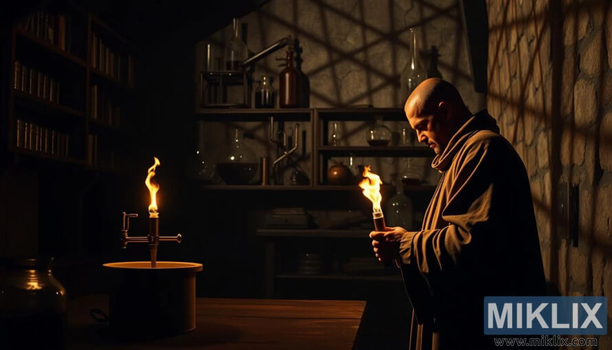 A monk in a dimly lit stone laboratory tends to a glowing flame and bubbling vessels, surrounded by shelves of glassware and alchemical tools. A monk in a dimly lit stone laboratory tends to a glowing flame and bubbling vessels, surrounded by shelves of glassware and alchemical tools.