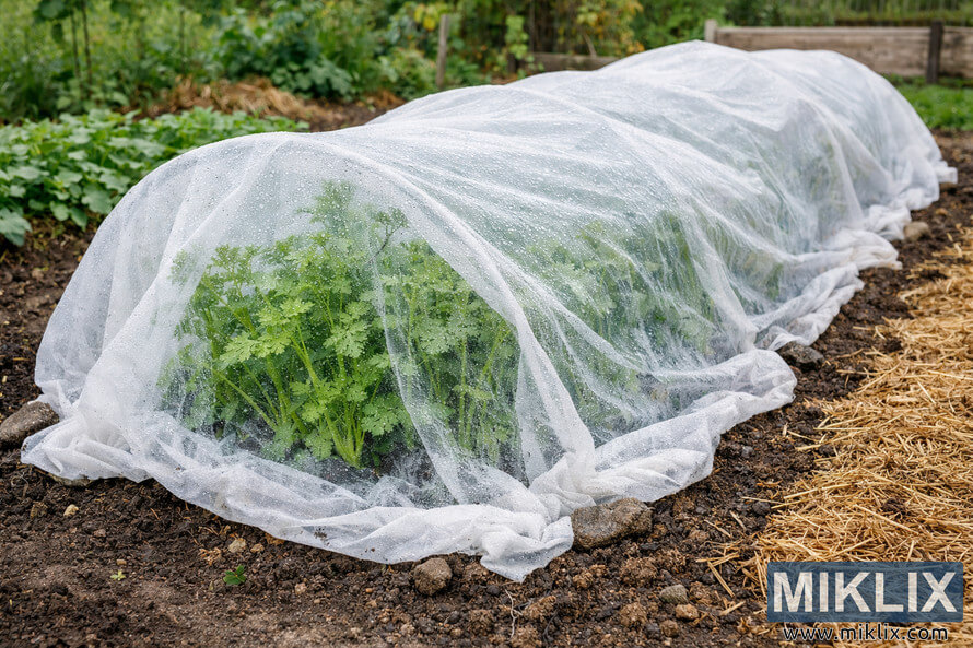 Lightweight row cover fabric draped over parsnip plants in a garden bed, secured with rocks to protect the crop from pests.