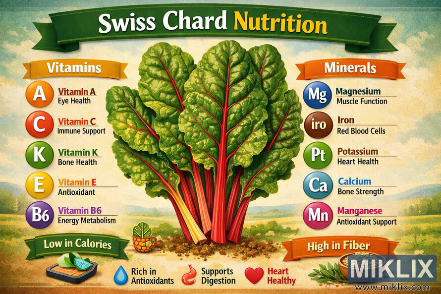 Colorful infographic showing the nutritional composition of Swiss chard with labeled vitamins and minerals around a central Swiss chard plant.