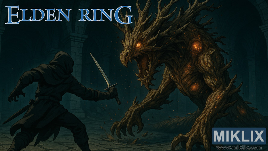 A hooded assassin with a dagger-like sword faces a massive ulcer-ridden tree monster inside a vast stone catacomb, glowing with blistering orange light. A hooded assassin with a dagger-like sword faces a massive ulcer-ridden tree monster inside a vast stone catacomb, glowing with blistering orange light.