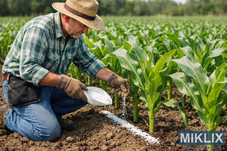 Gardener kneeling in a cornfield applying side-dress fertilizer beside young knee-high corn plants.