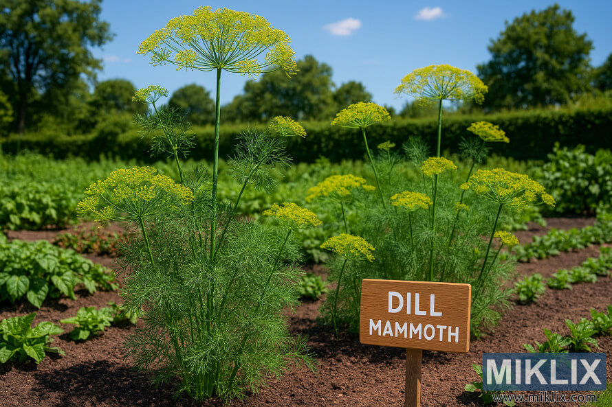 Grandes plantes dâaneth de mammouth avec des ombelles jaunes dans un potager bien entretenu lors dâune journÃ©e ensoleillÃ©e