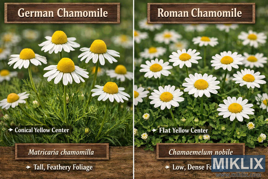 Landscape-oriented botanical comparison image showing German Chamomile on the left and Roman Chamomile on the right. The left side features a wooden sign labeled "German Chamomile" above close-up flowers with bright yellow, conical centers and slender white petals that droop slightly, supported by tall, feathery foliage. A label at the bottom reads "Matricaria chamomilla," with additional labels indicating "Conical Yellow Center" and "Tall, Feathery Foliage." The right side displays a similar wooden sign labeled "Roman Chamomile" above flowers with flat yellow centers and shorter, rounded white petals, growing over low, dense foliage. A bottom label reads "Chamaemelum nobile," with descriptive labels "Flat Yellow Center" and "Low, Dense Foliage." A subtle vertical split line divides the two sections, and a blurred green background provides a natural garden setting.