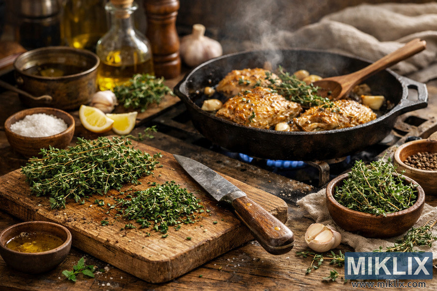 High-resolution landscape photo of a rustic kitchen scene showing a wooden cutting board with chopped fresh thyme, a vintage chef’s knife, bowls of sea salt and olive oil, garlic and lemon wedges in the foreground, and a cast iron skillet on a gas stove in the middle ground with golden-brown chicken thighs sizzling alongside thyme sprigs and garlic cloves, surrounded by additional bowls, a brass pot, a glass bottle of oil, a pepper mill, and a mortar and pestle, all lit by warm natural light with steam rising from the pan and a softly blurred background. High-resolution landscape photo of a rustic kitchen scene showing a wooden cutting board with chopped fresh thyme, a vintage chef’s knife, bowls of sea salt and olive oil, garlic and lemon wedges in the foreground, and a cast iron skillet on a gas stove in the middle ground with golden-brown chicken thighs sizzling alongside thyme sprigs and garlic cloves, surrounded by additional bowls, a brass pot, a glass bottle of oil, a pepper mill, and a mortar and pestle, all lit by warm natural light with steam rising from the pan and a softly blurred background.