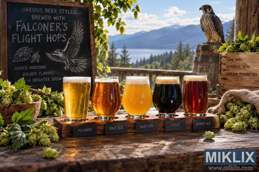 Landscape image of five beer styles on a rustic wooden tasting board, labeled Pilsner, Pale Ale, Hazy IPA, Stout, and Amber Ale, surrounded by fresh green hops, with a falcon perched on a barrel and a mountain lake in the background. Landscape image of five beer styles on a rustic wooden tasting board, labeled Pilsner, Pale Ale, Hazy IPA, Stout, and Amber Ale, surrounded by fresh green hops, with a falcon perched on a barrel and a mountain lake in the background.