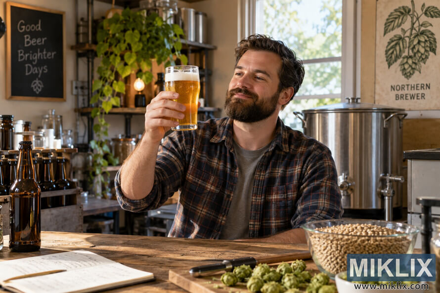 Homebrewer in a warm, sunlit brewing workshop smiling as he raises and examines a glass of golden beer, surrounded by stainless-steel brewing equipment, malted grain, hops, bottles, and handwritten brewing notes.