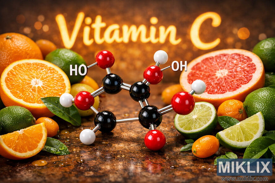 High-resolution landscape image showing a 3D molecular model of Vitamin C surrounded by fresh citrus fruits, including oranges, lemons, limes, tangerines, grapefruit, kumquats, and green leaves, with glowing "Vitamin C" text softly blurred in the background. High-resolution landscape image showing a 3D molecular model of Vitamin C surrounded by fresh citrus fruits, including oranges, lemons, limes, tangerines, grapefruit, kumquats, and green leaves, with glowing "Vitamin C" text softly blurred in the background.