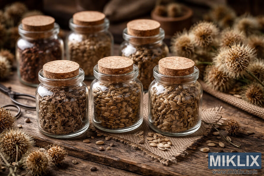 Small glass jars filled with different varieties of burdock seeds arranged on a rustic wooden table with dried burdock seed heads and gardening tools.