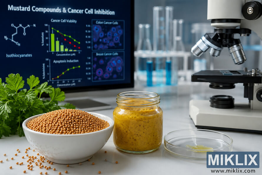 A modern scientific laboratory scene featuring mustard seeds, a jar of mustard paste, a petri dish, and a microscope beside a digital display showing research data about mustard compounds and cancer cell inhibition. A modern scientific laboratory scene featuring mustard seeds, a jar of mustard paste, a petri dish, and a microscope beside a digital display showing research data about mustard compounds and cancer cell inhibition.