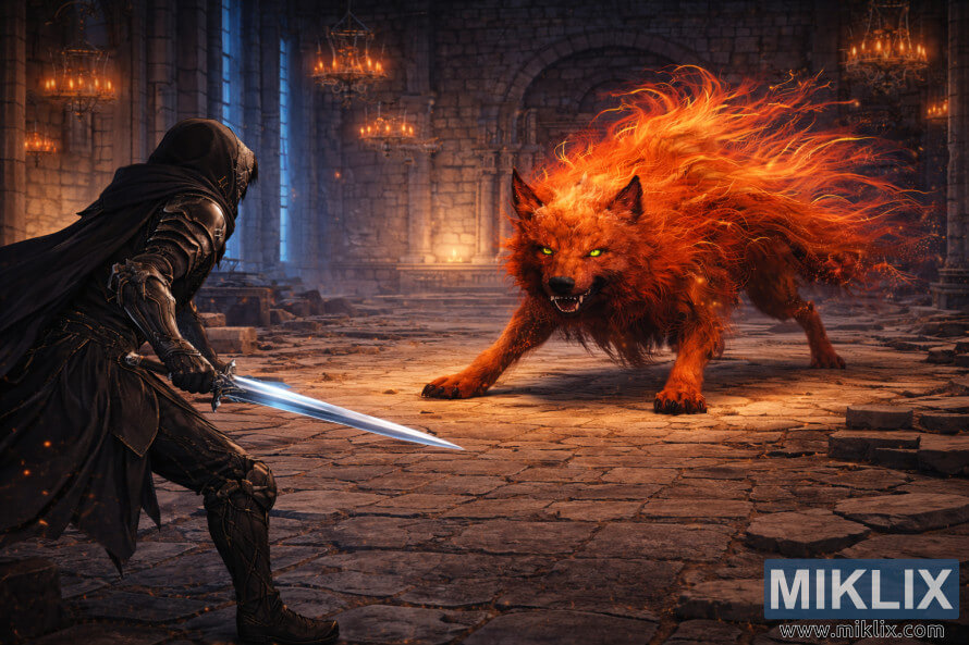 Fan art de style anime montrant le Sans-Ã©clat par derriÃ¨re Ã  gauche, maniant une Ã©pÃ©e tout en affrontant un Loup Rouge de Radagon beaucoup plus grand Ã  lâintÃ©rieur de lâAcadÃ©mie Raya Lucaria.