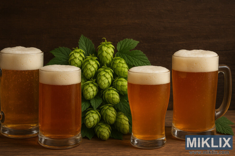 Ποτήρια κεχριμπαρένιες μπύρες με φρέσκο λυκίσκο Cascade τοποθετημένα σε ρουστίκ ξύλινο φόντο.