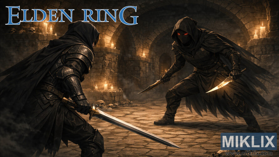 Dark fantasy fan art of a Tarnished warrior in Black Knife armor confronting a Black Knife Assassin with daggers inside a candlelit stone catacomb corridor. Dark fantasy fan art of a Tarnished warrior in Black Knife armor confronting a Black Knife Assassin with daggers inside a candlelit stone catacomb corridor.