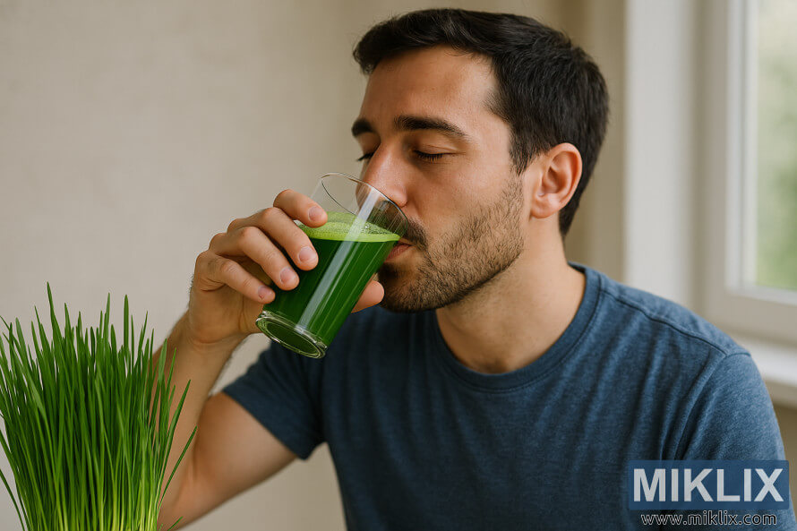 Man enjoying a glass of fresh wheatgrass juice beside a window
