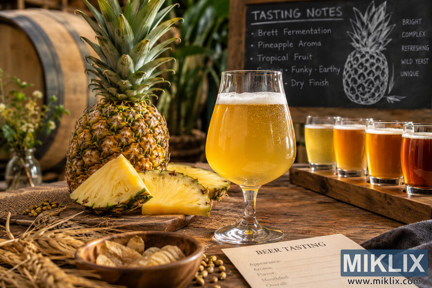 Golden craft beer in a tulip glass beside fresh pineapple, a beer tasting flight, wooden barrel, and chalkboard with Brett fermentation and pineapple aroma notes. Golden craft beer in a tulip glass beside fresh pineapple, a beer tasting flight, wooden barrel, and chalkboard with Brett fermentation and pineapple aroma notes.
