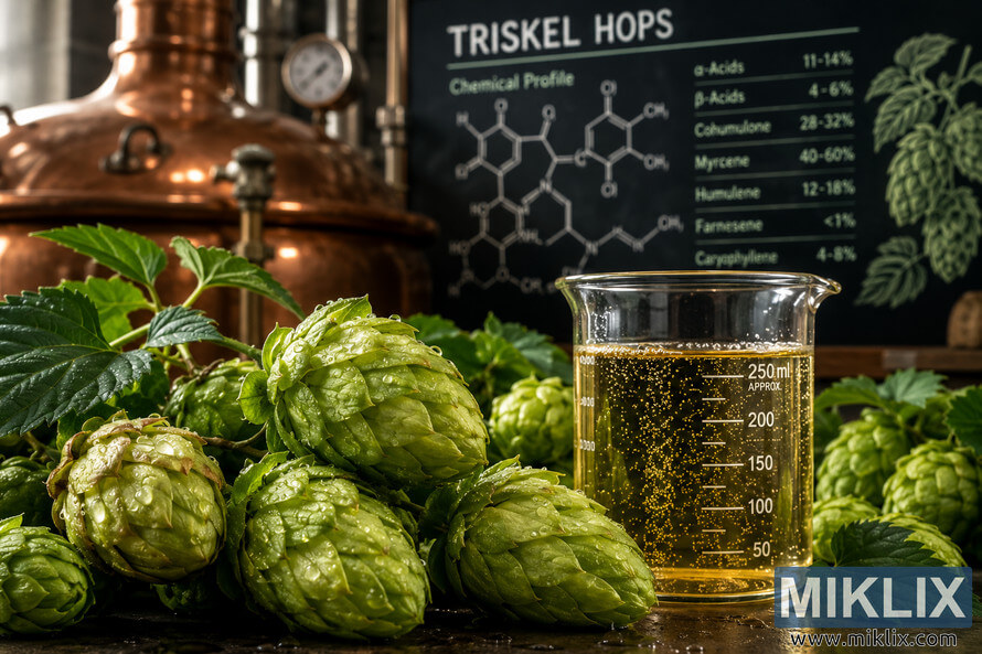 Fresh Triskel hops covered in dewdrops arranged in the foreground beside a transparent glass beaker filled with golden brewing liquid and rising bubbles, with a softly blurred copper brewing kettle and scientific hops diagram in the background under atmospheric natural lighting.