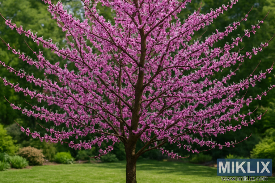 Arbre Redbud de lâEst en pleine floraison avec des fleurs rose-violet dans un jardin.