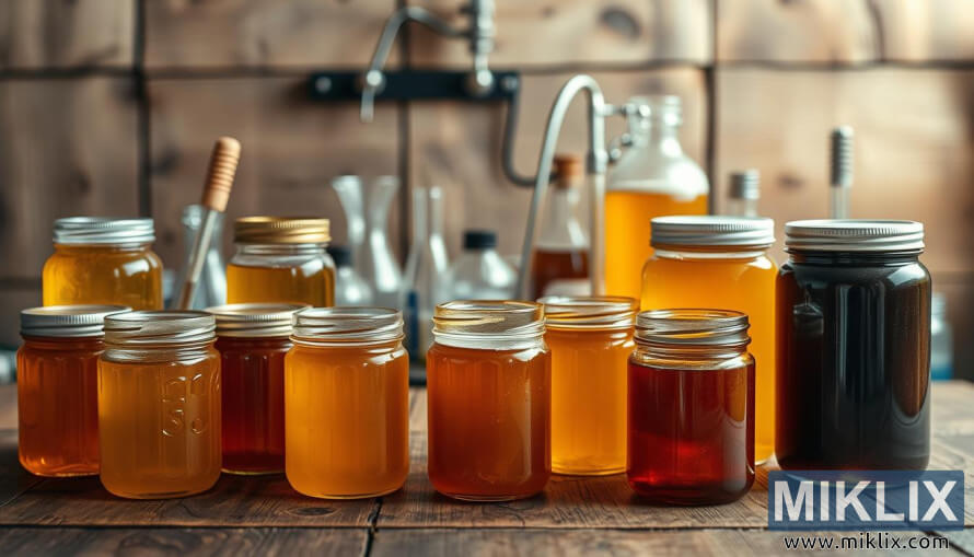 Blandade honungsburkar pÃ¥ ett trÃ¤bord med bryggverktyg, upplysta av varmt, mjukt ljus.