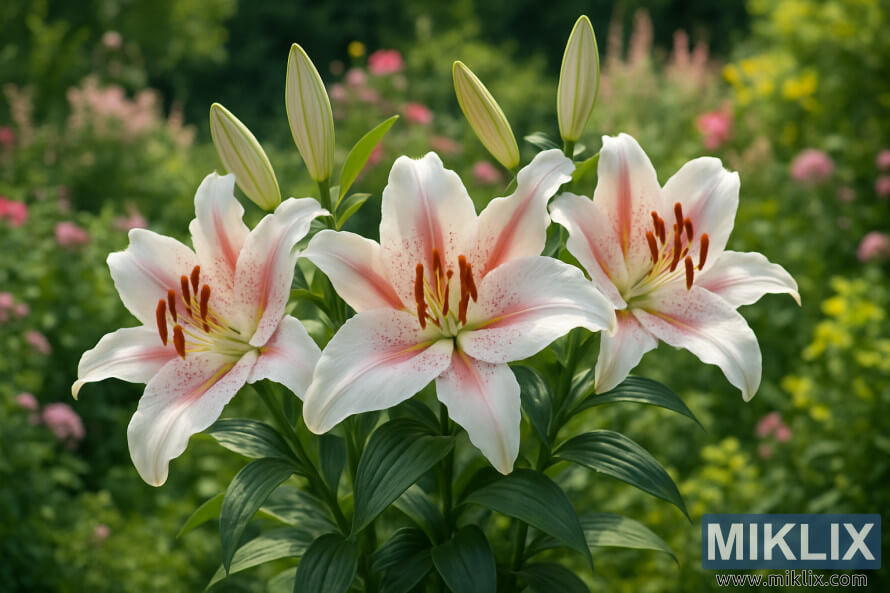 Des lys orientaux aux pÃ©tales blancs et roses et aux Ã©tamines orange fleurissant dans un jardin luxuriant.