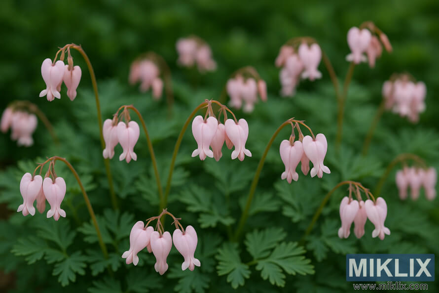 Gros plan dâAurora Bleeding Heart avec des grappes de fleurs roses douces en forme de cÅur et un feuillage vert semblable Ã  une fougÃ¨re en lumiÃ¨re naturelle diffuse.