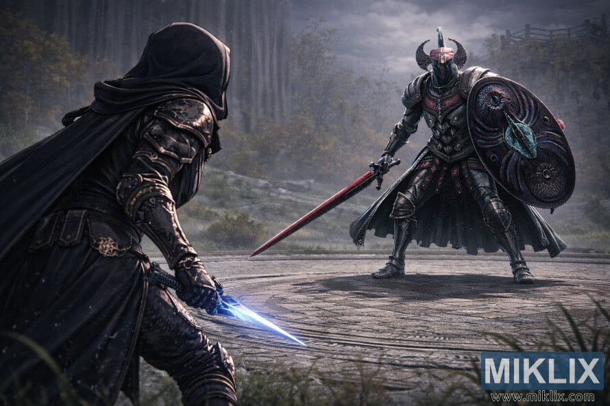 Fan art in stile anime di Elden Ring che mostra il Tarnished da dietro di fronte a un imponente Cavaliere del Crogiolo nella prigione di Stormhill prima della battaglia.