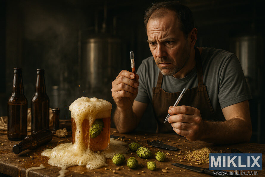 La cervesa escumosa desborda un taulell ple de llÃºpol, ampolles i un cerveser comprovant un hidrÃ²metre en una cerveseria ennuvolada i ennuvolada.