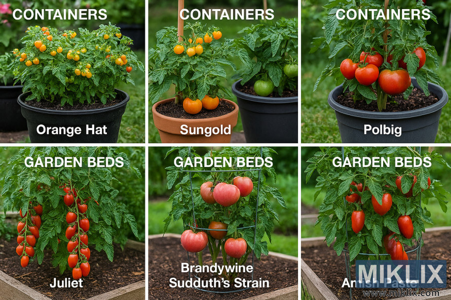 So sÃ¡nh trá»±c tiáº¿p cÃ¡c cÃ¢y cÃ  chua trá»ng trong thÃ¹ng chá»©a vÃ  luá»ng vÆ°á»n, cho tháº¥y cÃ¡c giá»ng vÃ  thÃ³i quen sinh trÆ°á»ng khÃ¡c nhau.