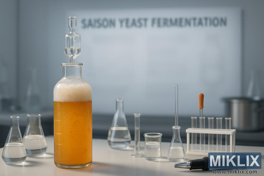 PhÃ²ng thÃ­ nghiá»m khoa há»c vá»i bÃ¬nh lÃªn men Saison vÃ  Äá» thá»§y tinh.