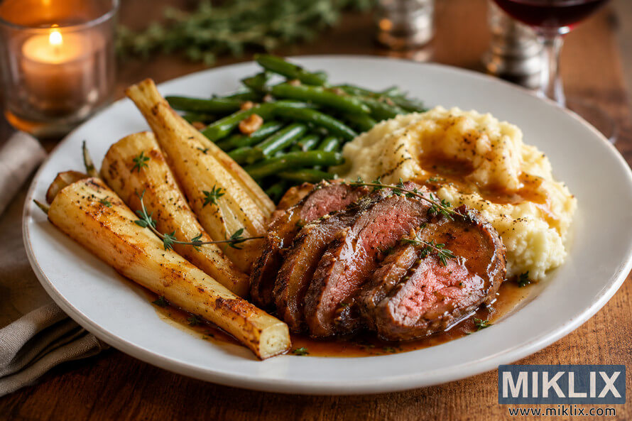 A beautifully plated dinner featuring sliced roasted meat with brown sauce, roasted parsnips, creamy mashed potatoes topped with gravy, fresh green beans, and herb garnish on a white plate atop a rustic wooden table, illuminated by warm ambient candlelight with a softly blurred background. A beautifully plated dinner featuring sliced roasted meat with brown sauce, roasted parsnips, creamy mashed potatoes topped with gravy, fresh green beans, and herb garnish on a white plate atop a rustic wooden table, illuminated by warm ambient candlelight with a softly blurred background.