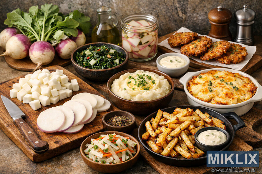 A detailed photograph showing multiple turnip dishes and preparation styles arranged on a wooden kitchen counter, including fresh turnips, mashed turnips, roasted fries, gratin, salad, and pickled slices. A detailed photograph showing multiple turnip dishes and preparation styles arranged on a wooden kitchen counter, including fresh turnips, mashed turnips, roasted fries, gratin, salad, and pickled slices.