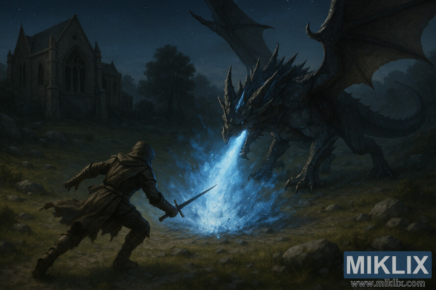 Makatotohanang pantasyang likhang sining ng Tarnished mid-charge fighting Glintstone Dragon na si Adula, na naliliwanagan ng matingkad na asul na hininga ng glintstone malapit sa Katedral ng Manus Celes sa gabi.