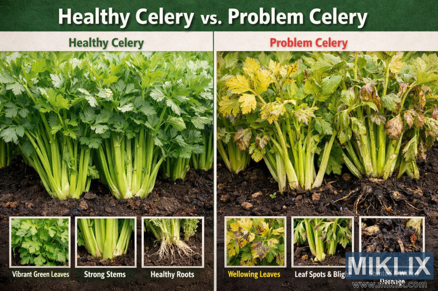 SamanburÃ°ur Ã¡ heilbrigÃ°um sellerÃ­plÃ¶ntum meÃ° skÃ¦rgrÃ¦num laufum og sterkum stilkum samanboriÃ° viÃ° Ã³heilbrigÃ°a sellerÃ­plÃ¶ntur sem sÃ½na gulnun lauf, blaÃ°bletti, hÃ¦gan vÃ¶xt og rÃ³tarvandamÃ¡l.