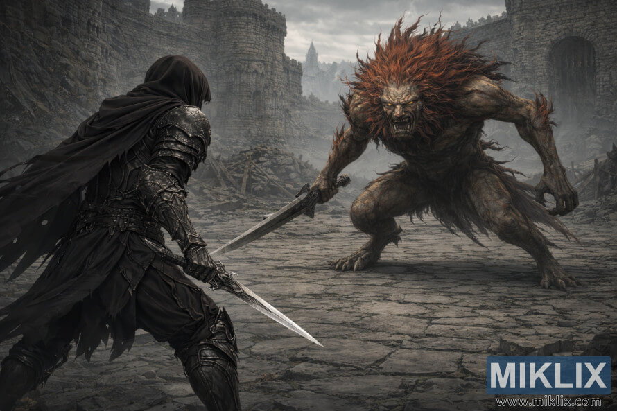 Halbrealistische Dark-Fantasy-Szene: Ein vermummter Krieger der Tarnished in schwarzer RÃ¼stung steht einem turmhohen, lÃ¶wenartigen Ungeheuer im Innenhof einer verfallenen Steinburg vor dem Kampf gegenÃ¼ber.