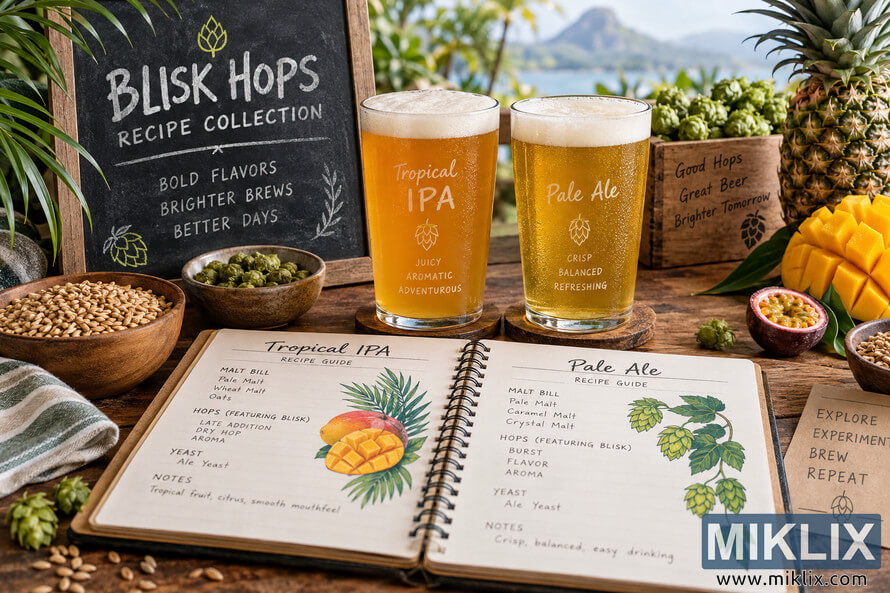 Landscape craft-beer still life with two golden glasses of tropical IPA and pale ale beside an open brewing recipe notebook, hops, malted grain, mango, pineapple and passionfruit on a rustic wooden table, with tropical greenery, water and mountains softly blurred in the background. Landscape craft-beer still life with two golden glasses of tropical IPA and pale ale beside an open brewing recipe notebook, hops, malted grain, mango, pineapple and passionfruit on a rustic wooden table, with tropical greenery, water and mountains softly blurred in the background.