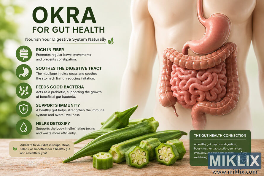 A landscape educational infographic featuring fresh okra in the foreground, a detailed anatomical illustration of the human digestive system on the right, and explanatory text on the left describing how okra may support gut health through fiber, soothing digestive properties, prebiotic effects, immune support, and digestive wellness. A landscape educational infographic featuring fresh okra in the foreground, a detailed anatomical illustration of the human digestive system on the right, and explanatory text on the left describing how okra may support gut health through fiber, soothing digestive properties, prebiotic effects, immune support, and digestive wellness.