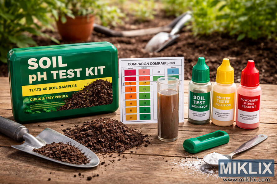 Soil pH testing kit with color chart, indicator bottles, soil samples, and gardening tools arranged on a wooden table in a garden setting.