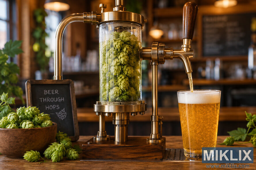 Landscape photo of an unbranded brass and glass beer-serving device filled with fresh green hops, dispensing golden beer into a foamy pint on a rustic wooden brewery bar.