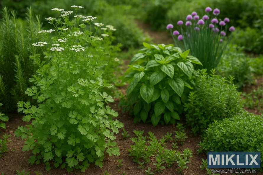 Photo de paysage dâun jardin dâherbes aromatiques animÃ© mettant en vedette de la coriandre mature et dâautres herbes culinaires