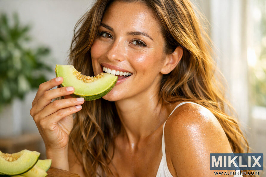 A smiling woman with radiant skin eats a slice of honeydew melon in warm natural light, surrounded by soft greenery and a wooden table with melon slices. A smiling woman with radiant skin eats a slice of honeydew melon in warm natural light, surrounded by soft greenery and a wooden table with melon slices.