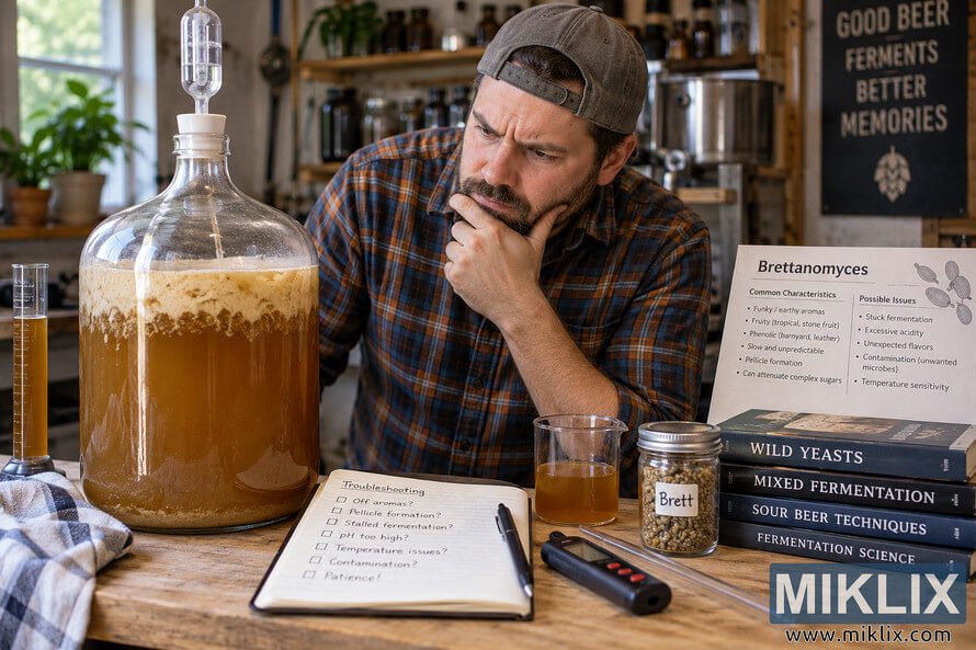 Homebrewer in a plaid shirt examines a hazy amber Brettanomyces fermentation in a glass carboy beside troubleshooting notes, samples, and brewing references. Homebrewer in a plaid shirt examines a hazy amber Brettanomyces fermentation in a glass carboy beside troubleshooting notes, samples, and brewing references.